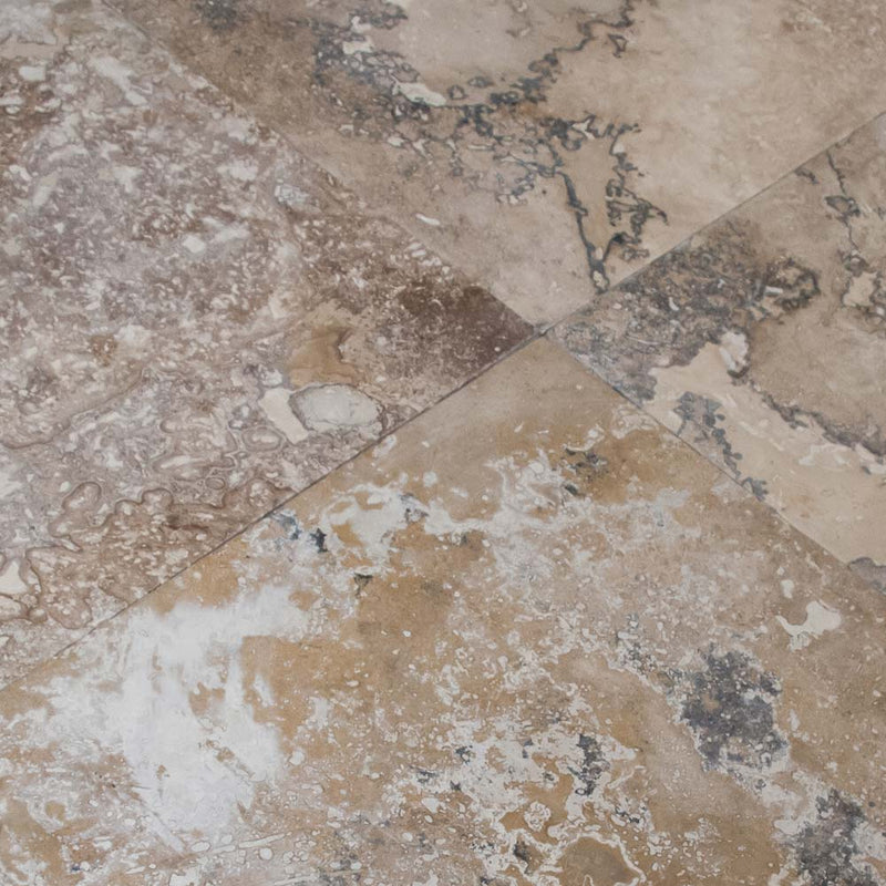 Tuscany storm 12 x 12 honed filled travertine floor and wall tile TTSTORM1212HFproduct shot multiple tiles angle view