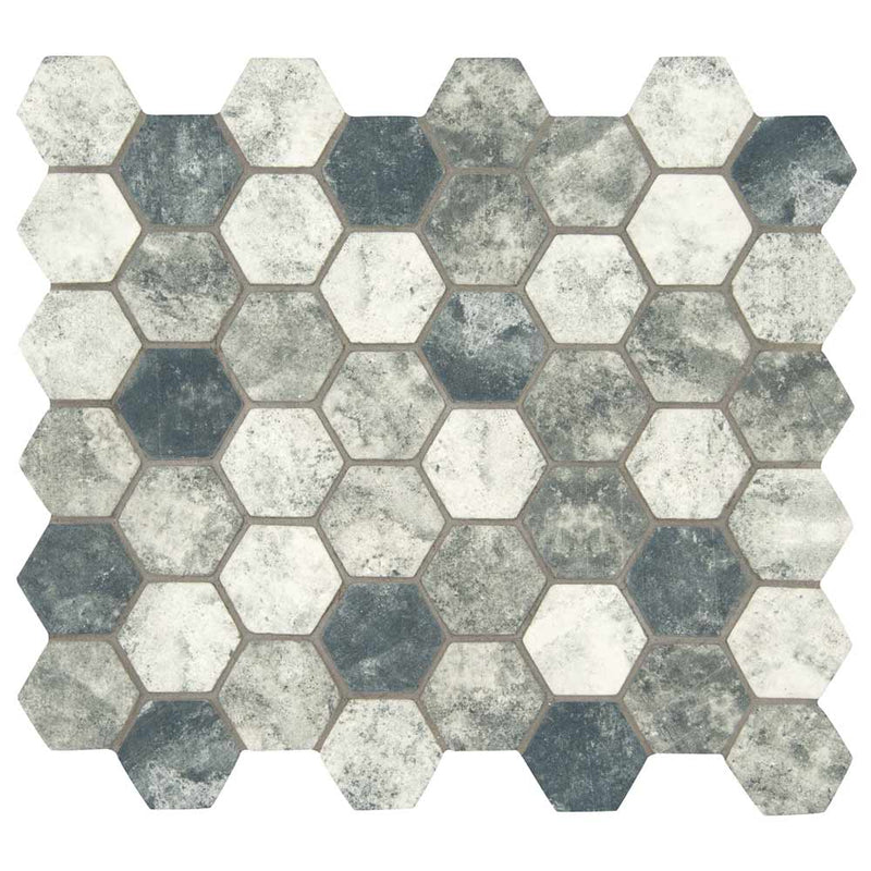 Urban tapestry hexagon 11.02X12.76 glass mesh mounted mosaic tile SMOT GLS UT6MM product shot multiple tiles close up view