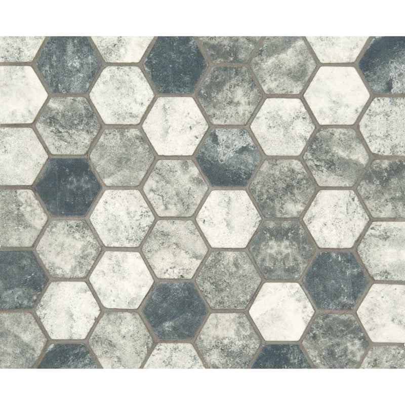Urban tapestry hexagon 11.02X12.76 glass mesh mounted mosaic tile SMOT GLS UT6MM product shot multiple tiles top view