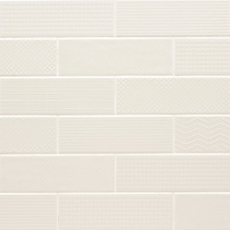 Urbano crema 3d mix glazed ceramic white textured subway tile 4x12 glossy NURBCREMIX4X12 product shot wall view