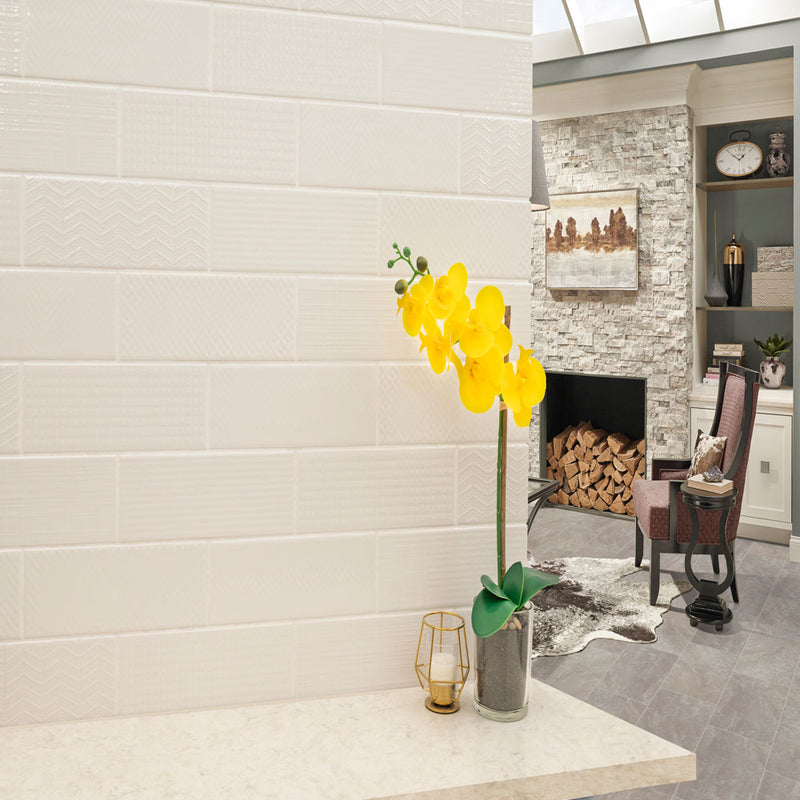 Urbano crema 3d mix glazed ceramic white textured subway tile 4x12 glossy NURBCREMIX4X12 room shot table view 4