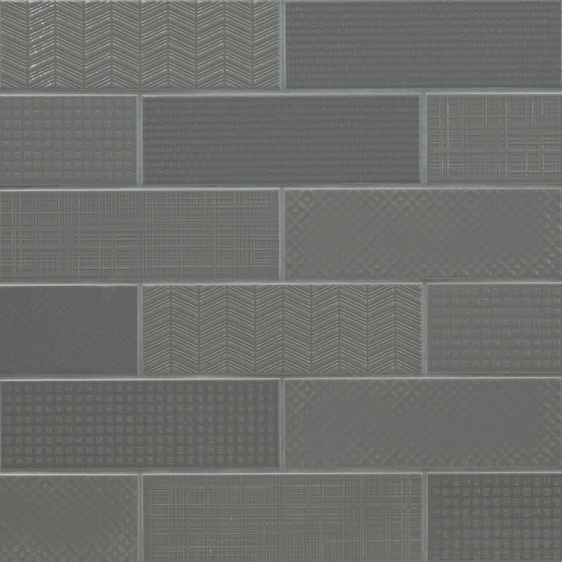 Urbano graphite 3d mix ceramic gray textured subway tile 4x12 glossy NURBGRAMIX4X12 product shot wall view