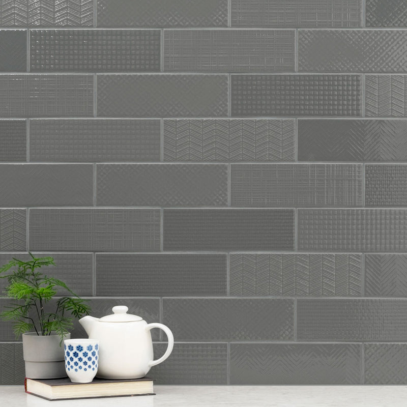 Urbano graphite 3d mix ceramic gray textured subway tile 4x12 glossy NURBGRAMIX4X12 room shot table view 2