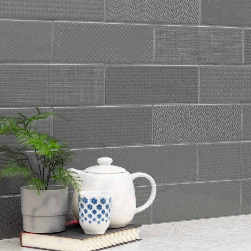 Urbano graphite 3d mix ceramic gray textured subway tile 4x12 glossy NURBGRAMIX4X12 room shot table view 3
