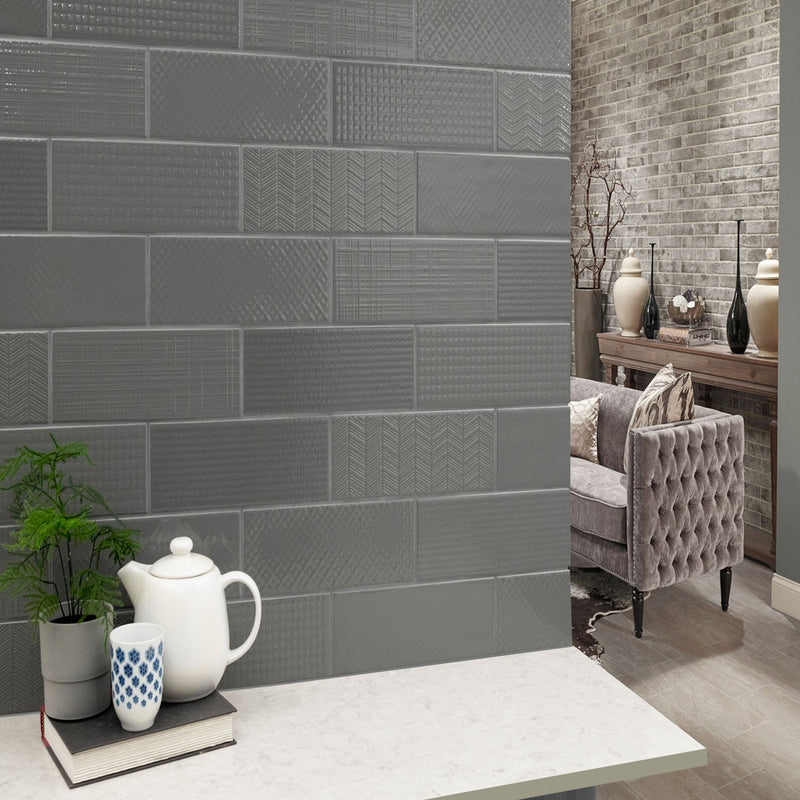 Urbano graphite 3d mix ceramic gray textured subway tile 4x12 glossy NURBGRAMIX4X12 room shot table view 5