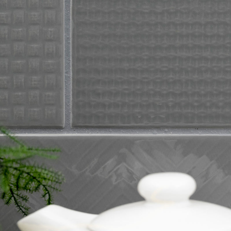 Urbano graphite 3d mix ceramic gray textured subway tile 4x12 glossy NURBGRAMIX4X12 room shot table view 6