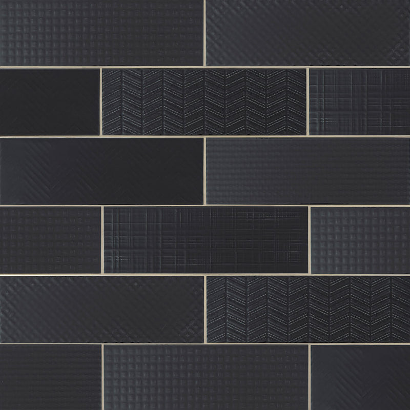Urbano ink 3d mix ceramic black textured subway tile 4x12 glossy NURBINKMIX4X12 product shot wall view