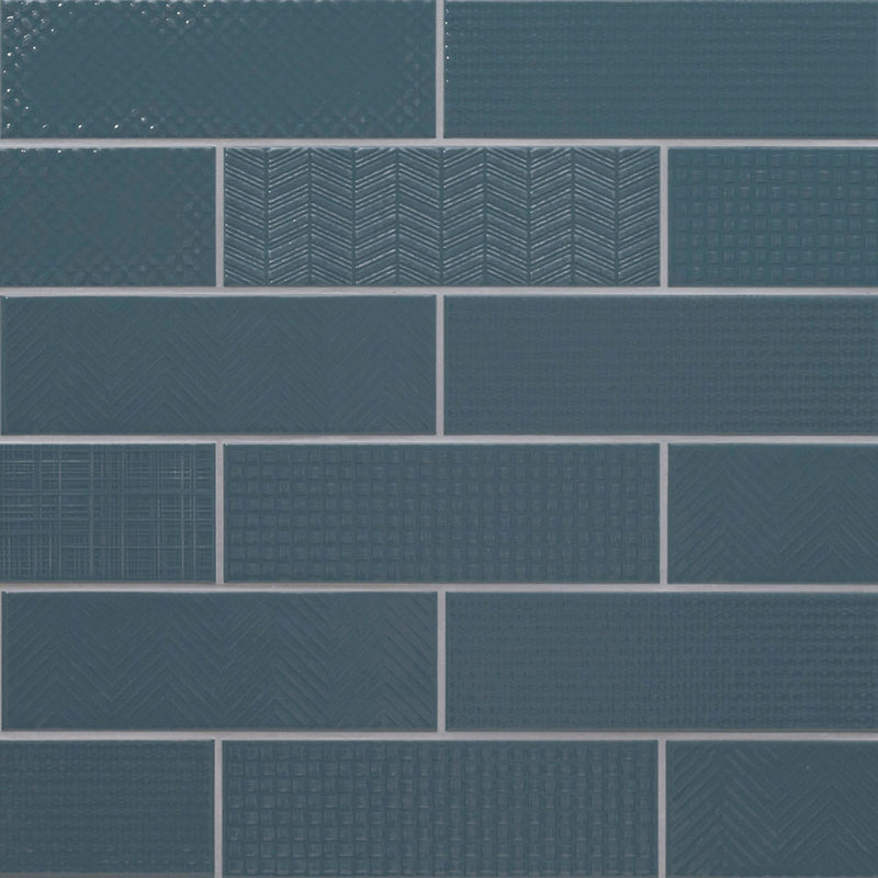 Urbano navy 3d mix ceramic white textured subway tile 12x4 glossy  msi collection NURBNAVMIX4X12 product shot wall view