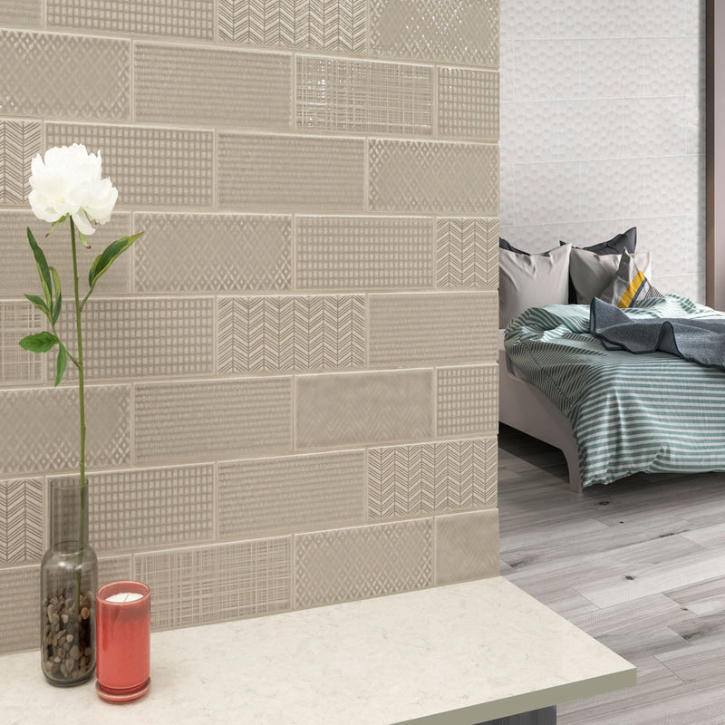 Urbano warm concrete 3d mix ceramic gray textured subway tile 4x12 glossy NURBWARCONMIX4X12 room shot table view 4