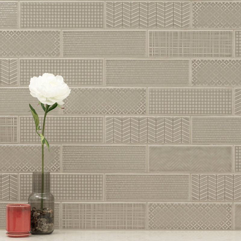 Urbano warm concrete 3d mix ceramic gray textured subway tile 4x12 glossy NURBWARCONMIX4X12 room shot table view