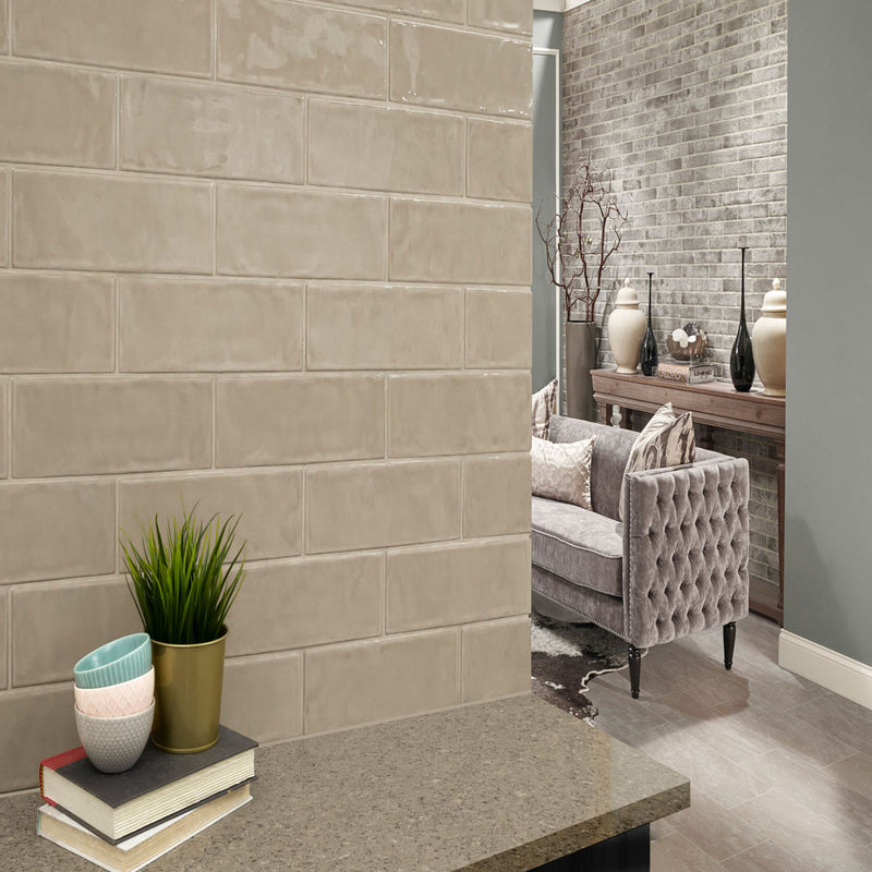 Urbano warm concrete ceramic gray subway tile 4x12 glossy  NURBWARCON4X12 room shot table view 4