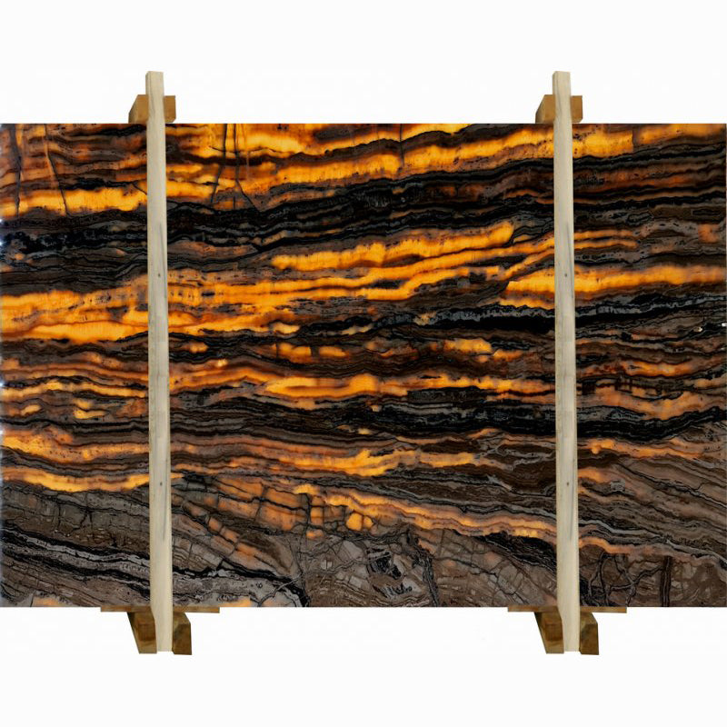 Valencia Traonyx marble slabs filled polished packed on wooden bundle backlit front view