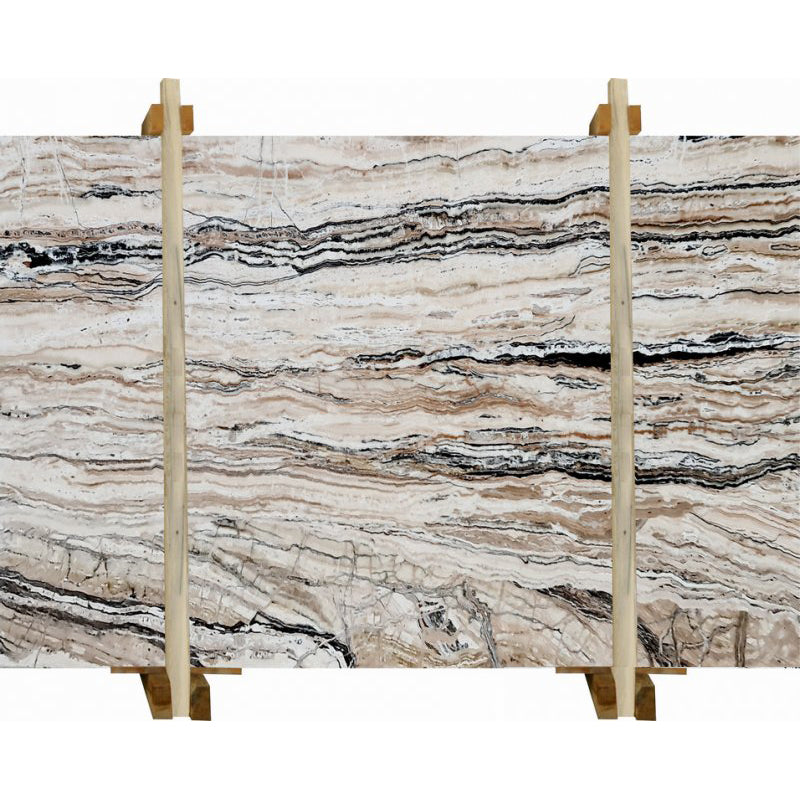 Valencia Traonyx marble slabs filled polished packed on wooden bundle front view
