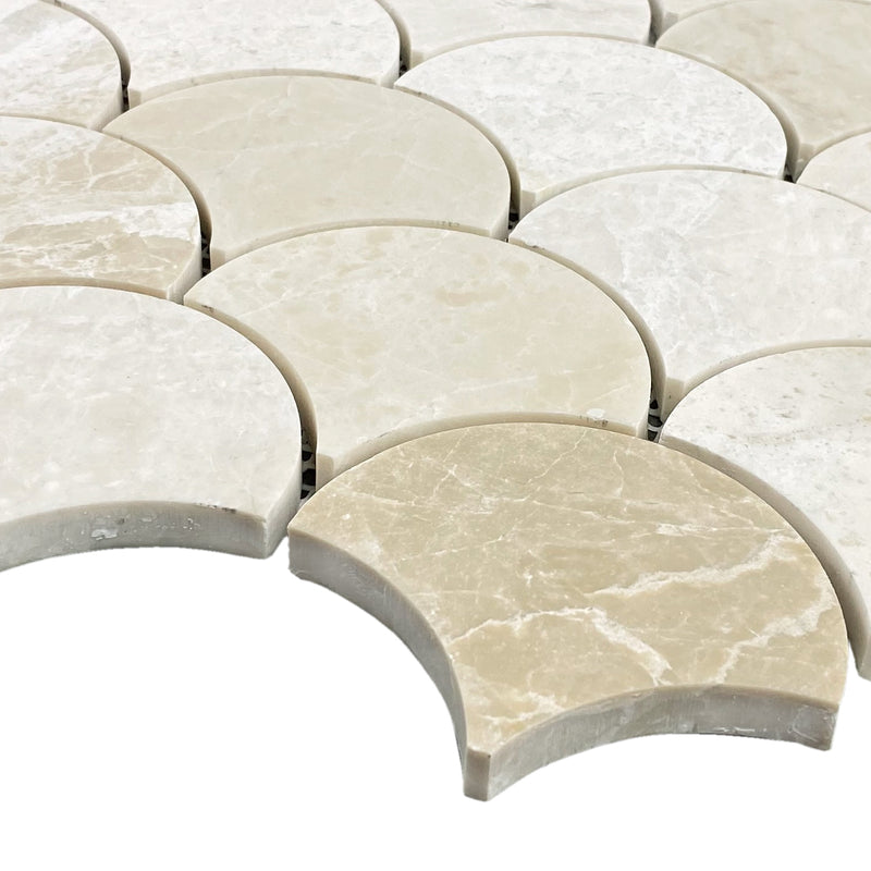 Vanilla beige marble mosaic tile laguna design on 12x12 mesh honed profile view