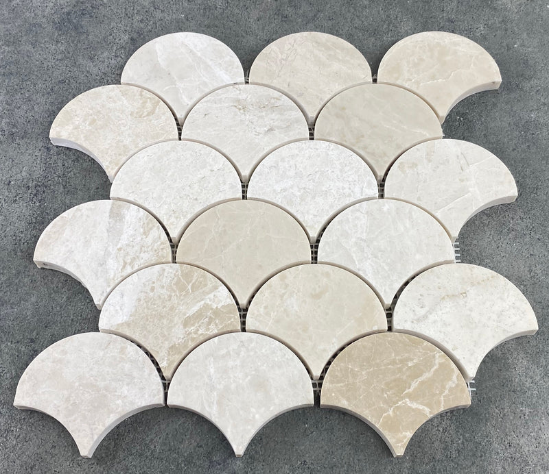 Vanilla beige marble mosaic tile laguna design on 12x12 mesh honed top view