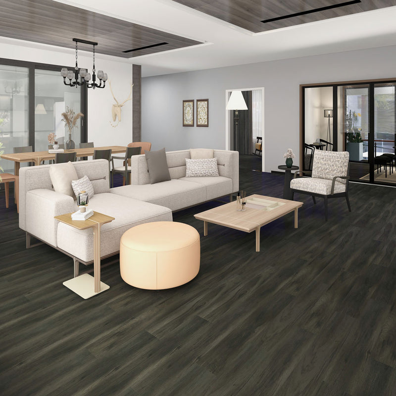 Vinyl planks spc rigid core lvt alpine grey 5mm thickness 20mil super protect wearlayer preattached premium pad 1520322-VH product shot living room view
