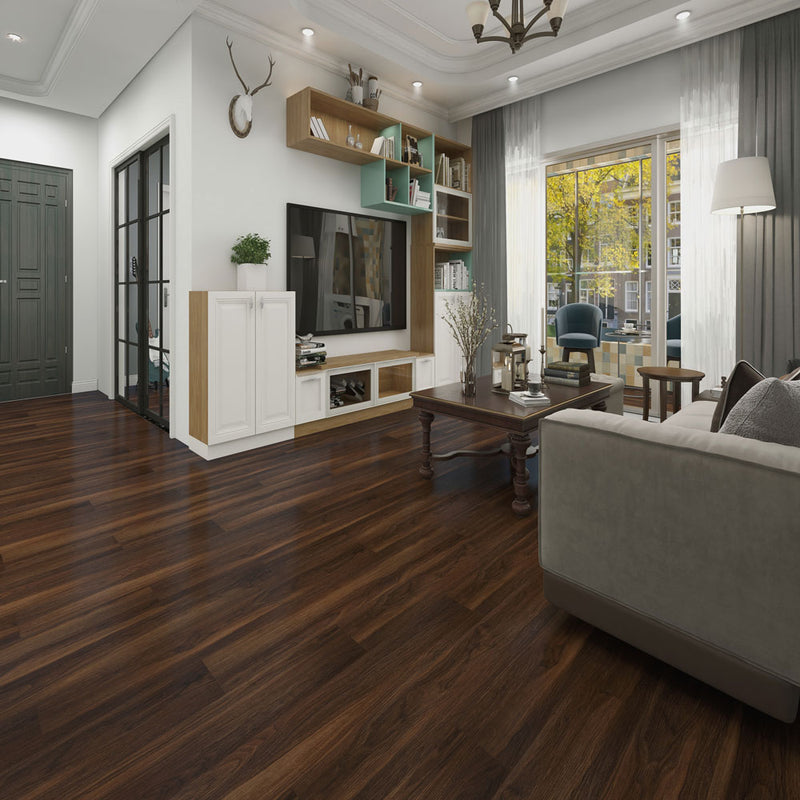 Vinyl planks spc rigid core lvt casa walnut 5mm thickness 20mil super protect wearlayer preattached premium pad 1520324-VH product shot living room view