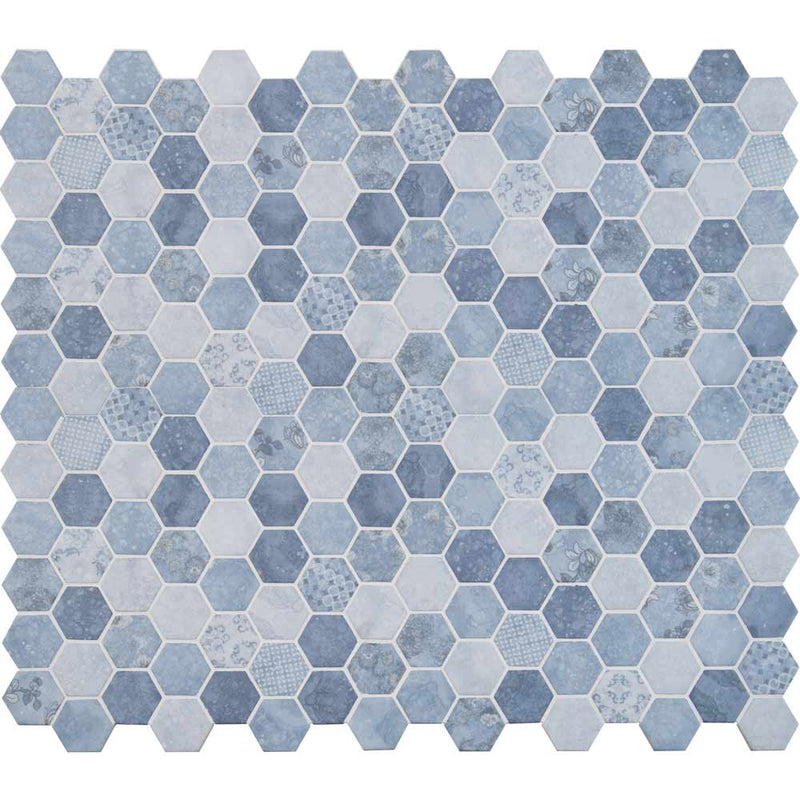 Vista azul hexagon 11.02X12.76 glass mesh mounted mosaic tile SMOT GLS VISAZU6MM product shot multiple tiles top view
