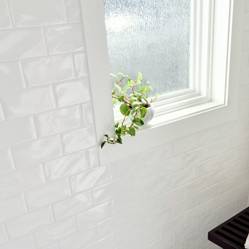 Whisper handcrafted 3X6 glossy ceramic white handmade subway tile SMOT-PT-WW36 product shot bathroom closeup wall view