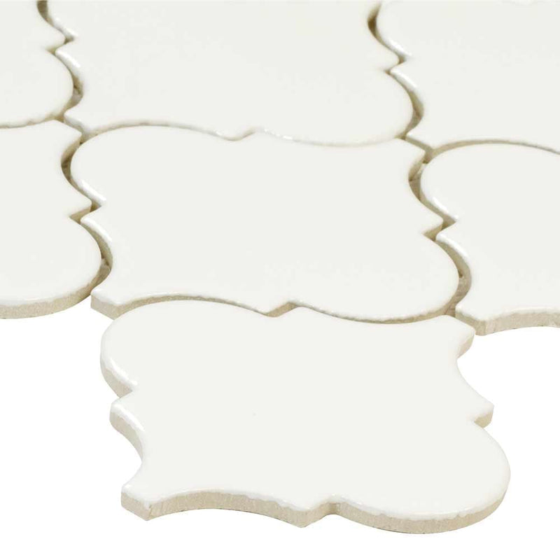 Whisper white arabesque 10.83X15.5 glazed ceramic mesh mounted mosaic wall tile SMOT-PT-WW-ARABESQ product shot profile view