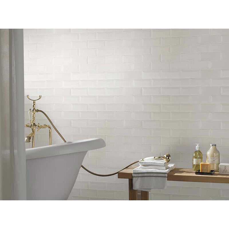 Whisper white beveled 12X12 ceramic mesh mounted mosaic wall tile SMOT-PT-WW-2X6B product shot bath view