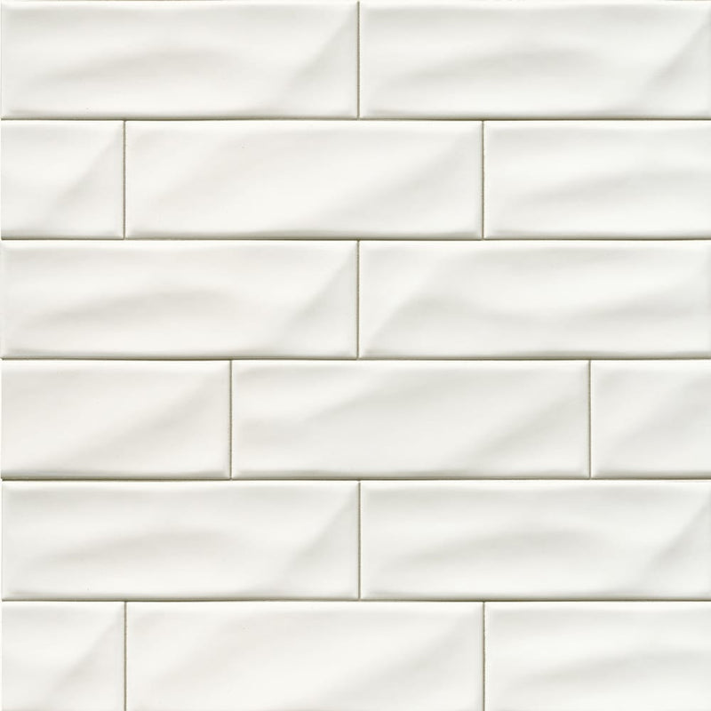 Whisper white handcrafted 4X12 matte ceramic wall tile SMOT-PT-WW412 product shot multiple tiles wall view