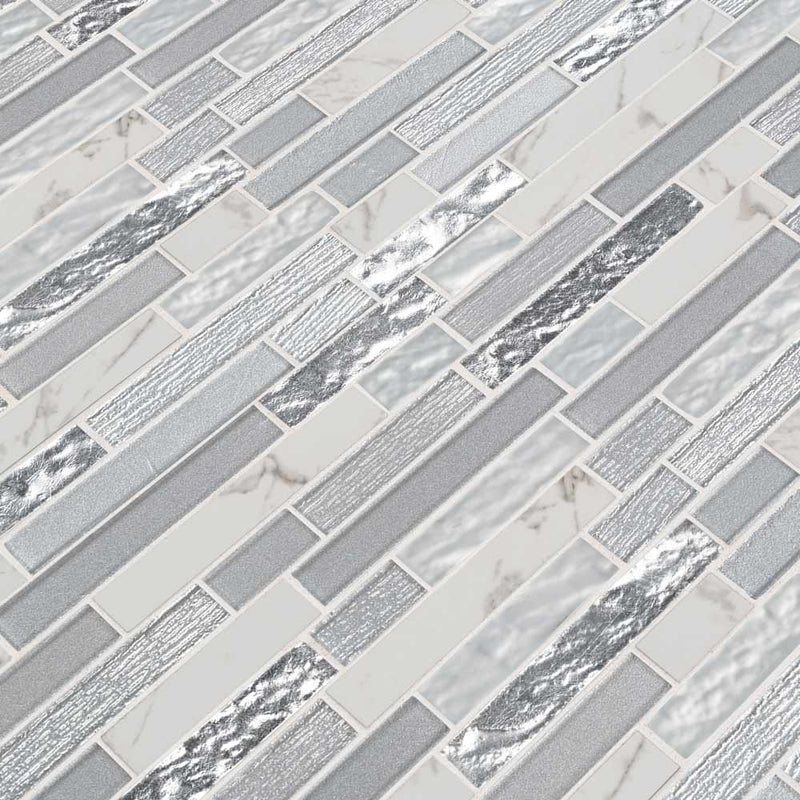 Whistler ice interlocking 11.81X12 glass mesh mounted mosaic tile SMOT-GLSPIL-WHISTIC8MM product shot multiple tiles angle view
