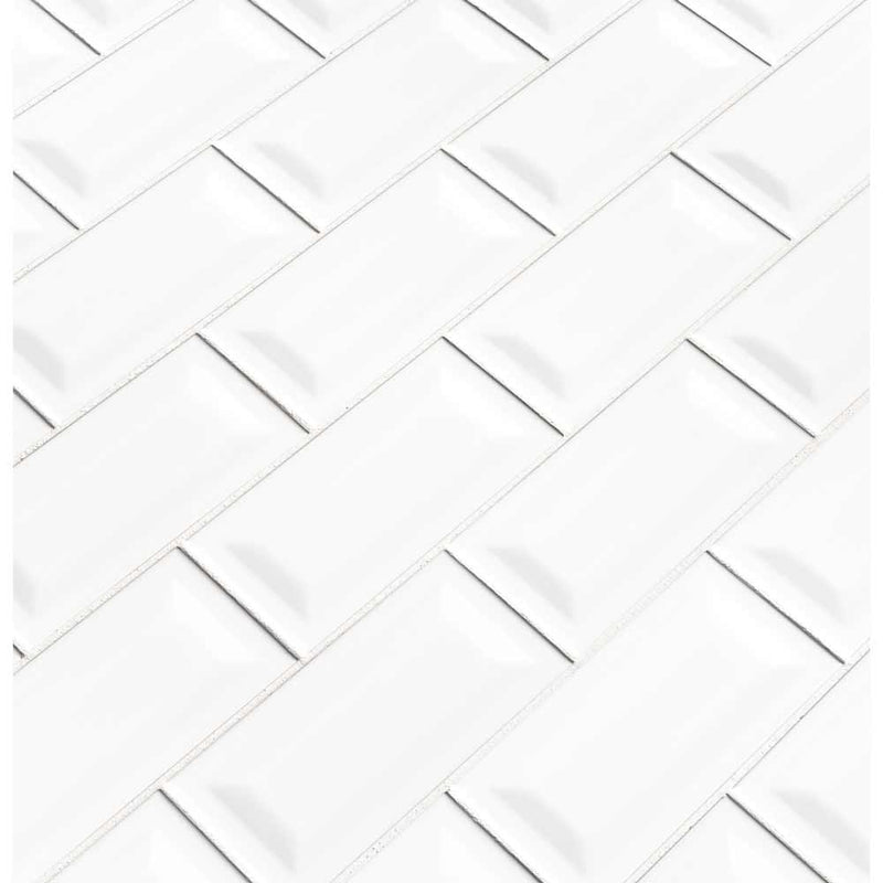 White glossy inverted beveled glazed ceramic wall tile msi collection NWHIGLO3X6INVBEV product shot multiple tiles angle view