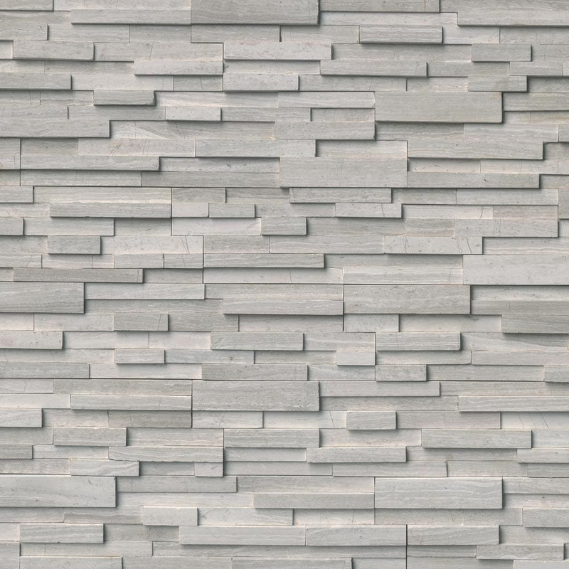 White oak 3D ledger corner 6X18 honed marble wall tile LPNLMWHIOAK618COR 3DH product shot multiple tiles top view