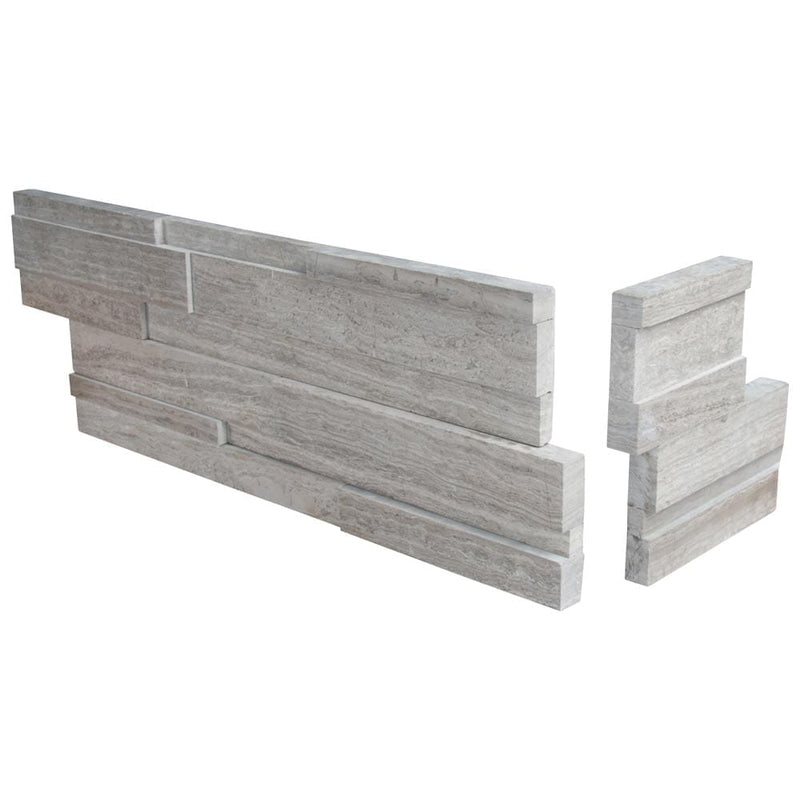 White oak 3D ledger corner 6X18 honed marble wall tile LPNLMWHIOAK618COR 3DH product shot profile view