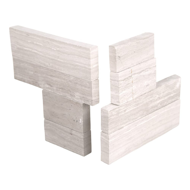 White Oak 3D Mini Ledger Corner 4.5"x9" Natural Marble Wall Tile LPNLMWHIOAK4.59COR-3DH-MINI product shot multiple corner tiles view