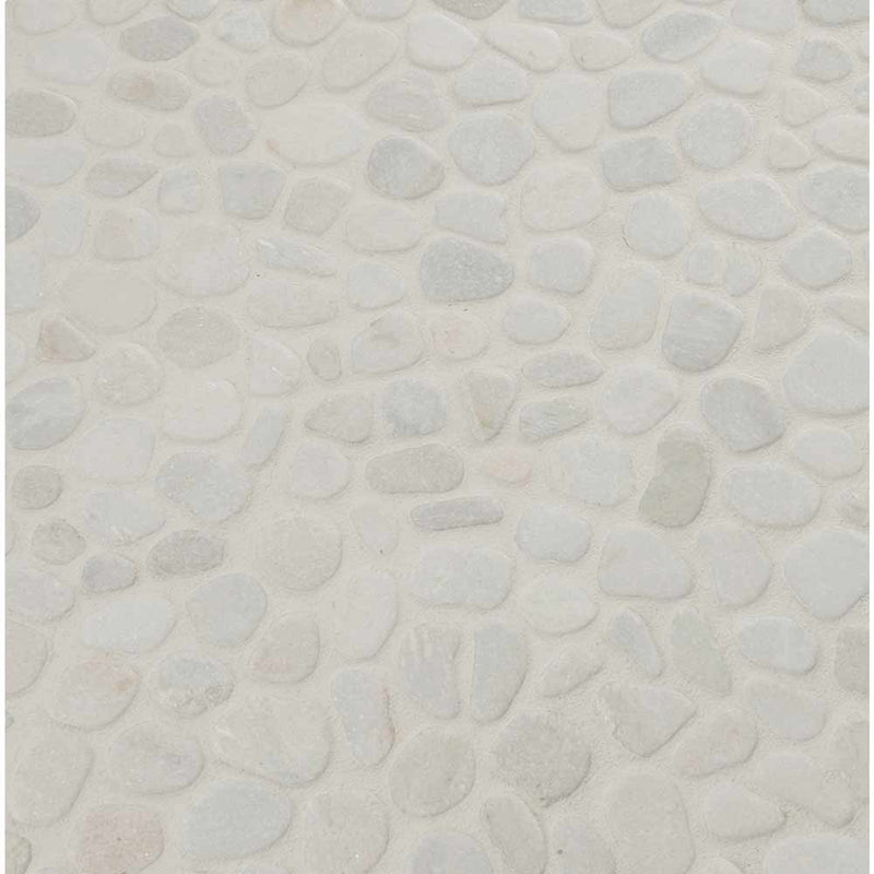 White pebble 11.42X11.42 tumbled marble mesh mounted mosaic tile SMOT-PEB-WHT product shot multiple tiles angle view