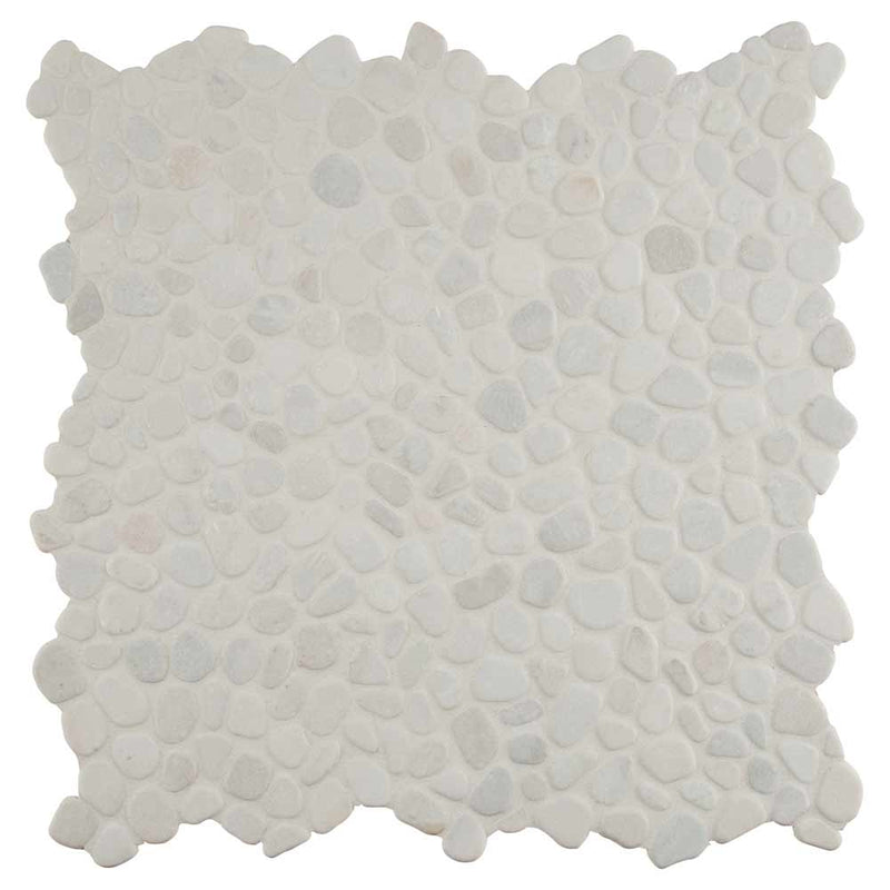 White pebble 11.42X11.42 tumbled marble mesh mounted mosaic tile SMOT-PEB-WHT product shot multiple tiles top view