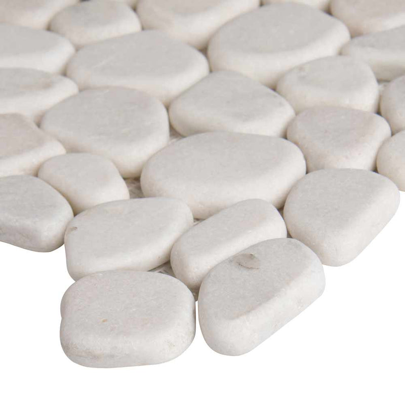 White pebble 11.42X11.42 tumbled marble mesh mounted mosaic tile SMOT-PEB-WHT product shot profile view
