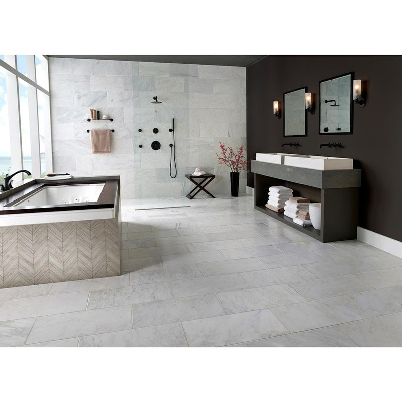 White quarry chevron 12X12 natural marble mesh mounted mosaic tile SMOT-WQ-CHEVRON10MM product shot bath view
