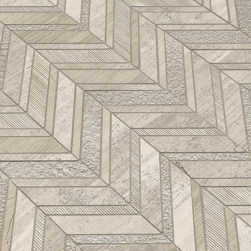 White quarry chevron 12X12 natural marble mesh mounted mosaic tile SMOT-WQ-CHEVRON10MM product shot multiple tiles angle view