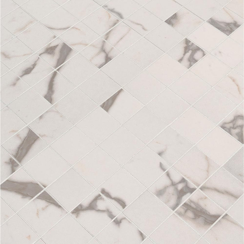 White vena 12X12 ceramic mesh monted mosaic tile NWHIVEN2X2 product shot multiple tiles angle view