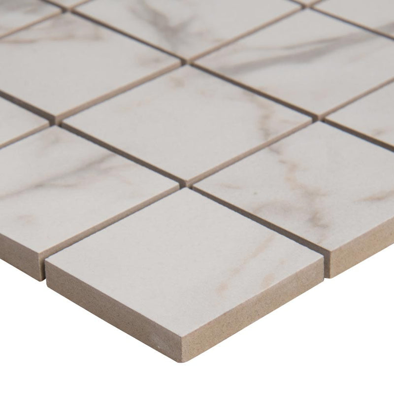 White vena 12X12 ceramic mesh monted mosaic tile NWHIVEN2X2 product shot one tile profile view
