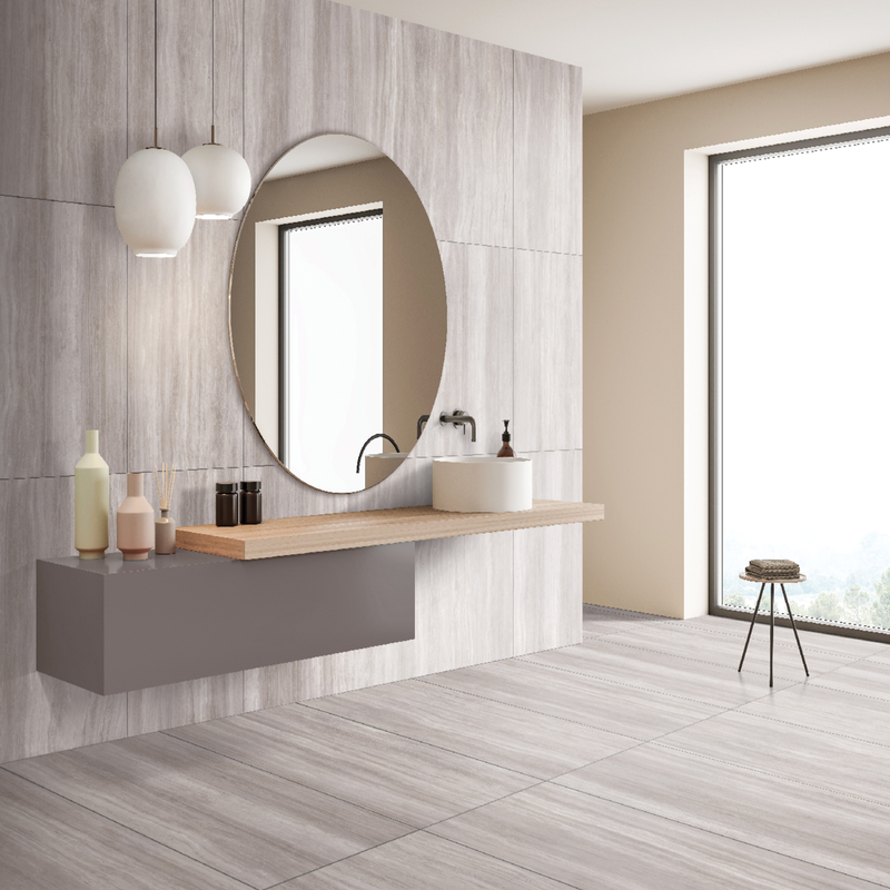 Zen light taupe matte porcelain floor and wall tile  liberty us collection room shot Bathroom view