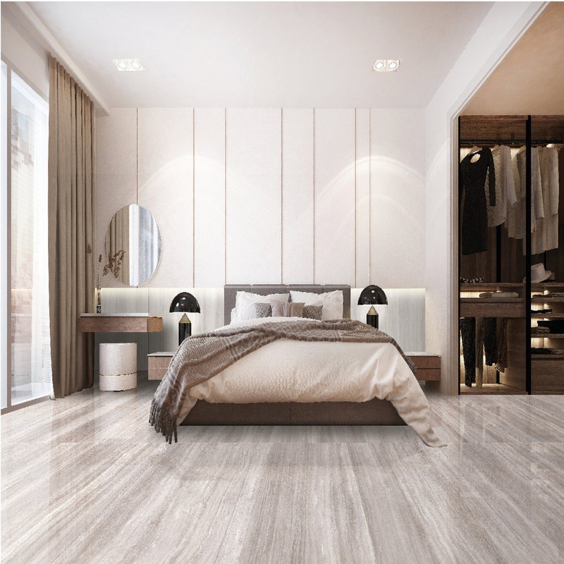 Zen light taupe matte porcelain floor and wall tile  liberty us collection room shot bedroom view 2