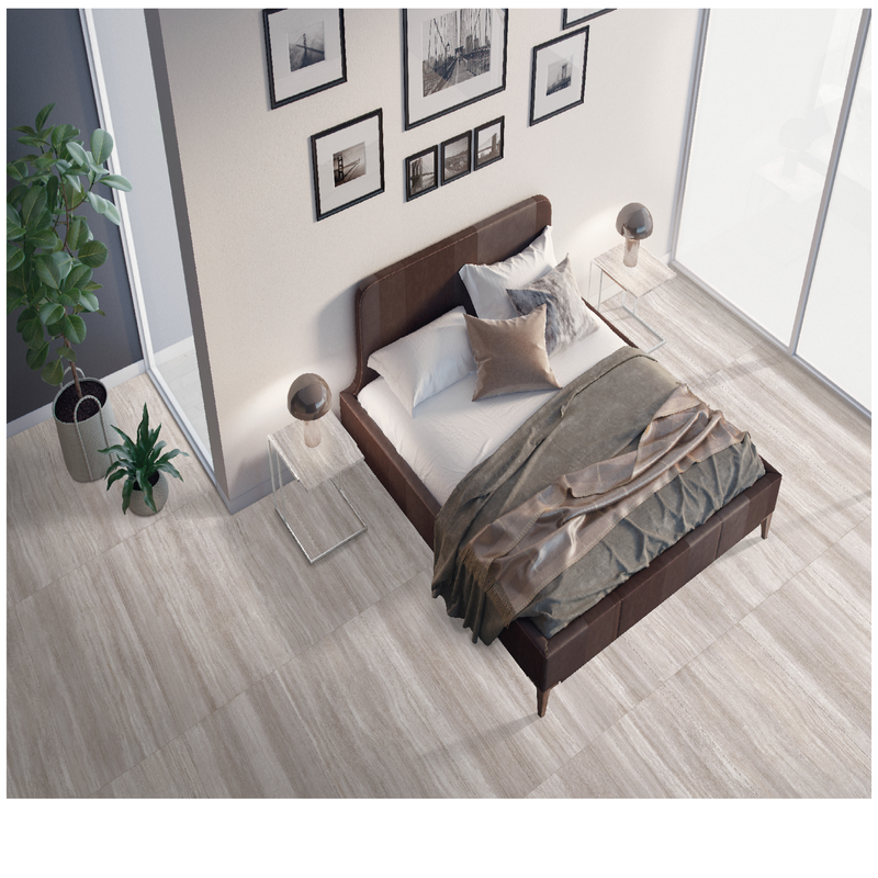 Zen light taupe matte porcelain floor and wall tile  liberty us collection room shot bedroom view