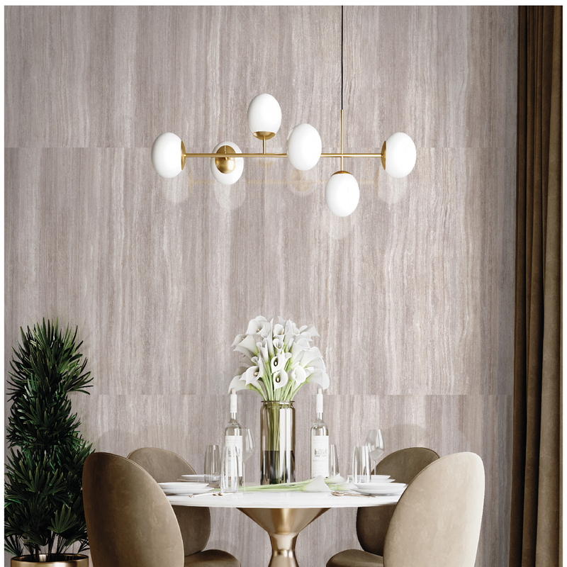 Zen light taupe polished porcelain floor and wall tile  liberty us collection room shot Dinning room view