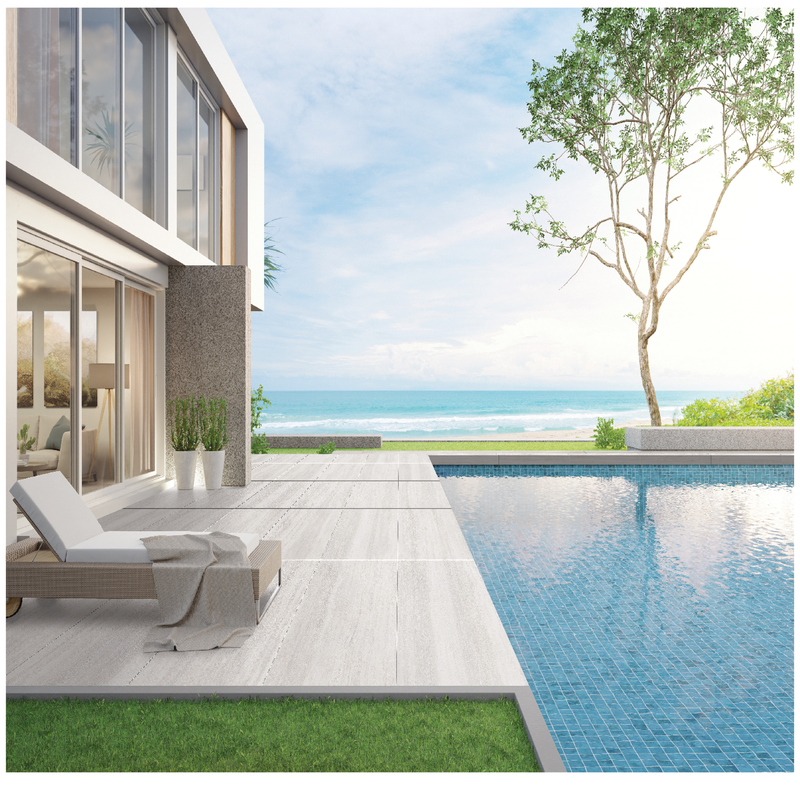 Zen white matte porcelain floor and wall tile  liberty us collection room shot outdoor view