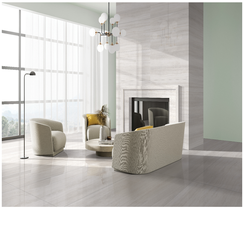 Zen white polished porcelain floor and wall tile  liberty us collection room shot living room view 2