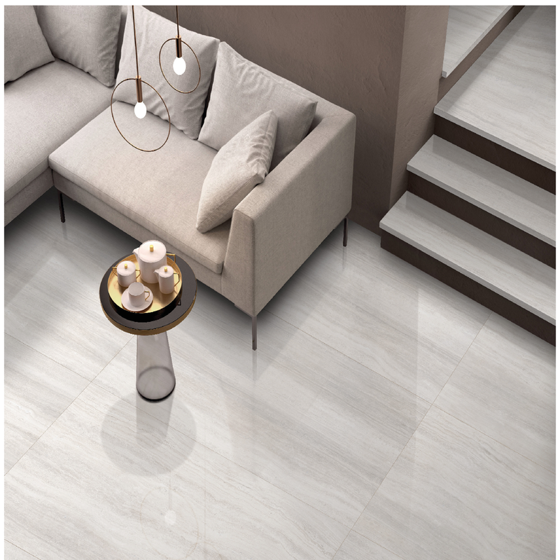 Zen white polished porcelain floor and wall tile  liberty us collection room shot living room view