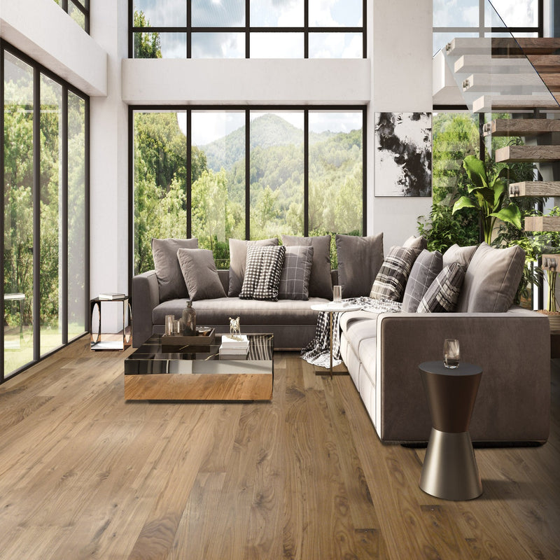 7 Ply Engineered Wood 6.5" Wide 72" RL Long Plank American Walnut Natural - Lincoln Exotic Collection - Lincoln Collection room shot sofa living room view