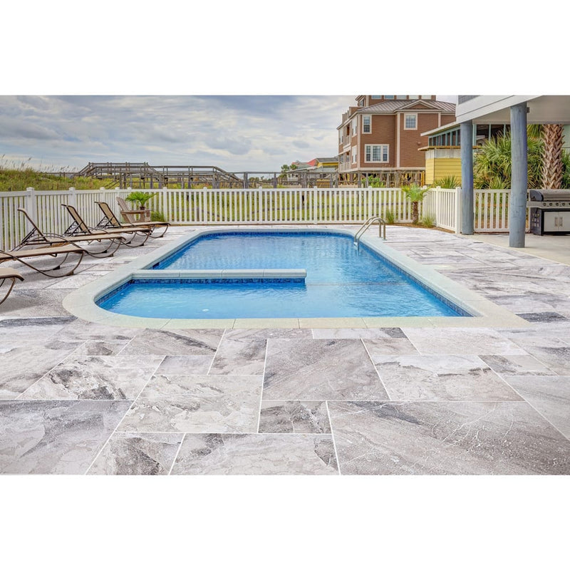 antlantic grey marble tile antique pattern sand blasted brushed installed around swimming pool