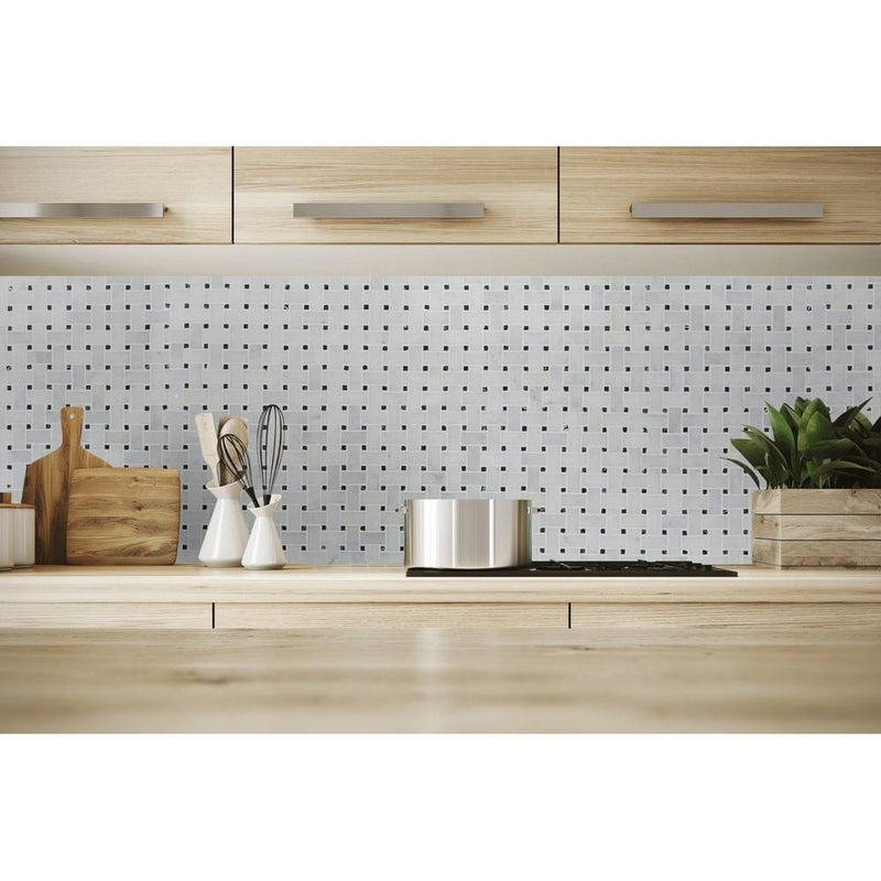 basketweave marble mosaic polished 1x2 toros black dots backsplash kitchen
