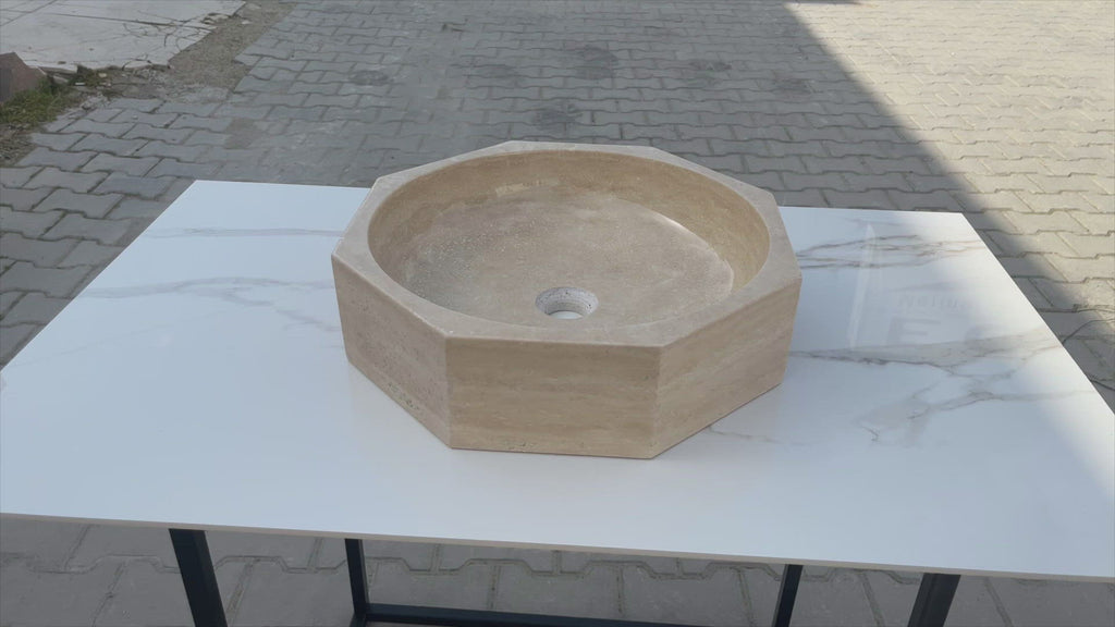 Light beige travertine vessel sink polished EGELBTOP166 D16 H6 360 view