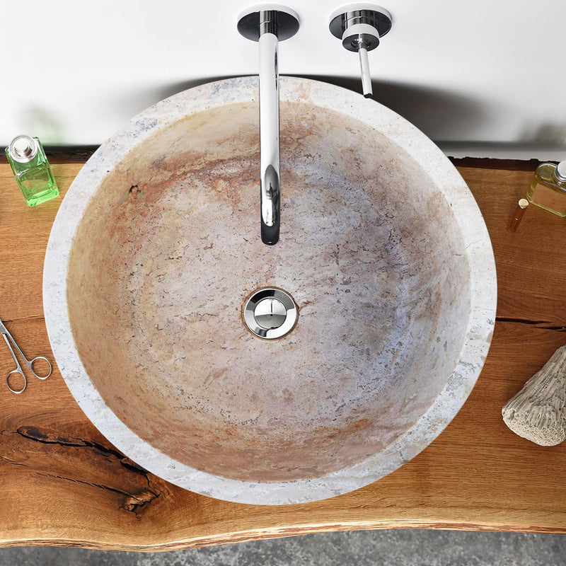 Natural Stone Beige Travertine Self-Rimming Above vanity or Drop-in Vessel Sink installed bathroom above wooden vanity